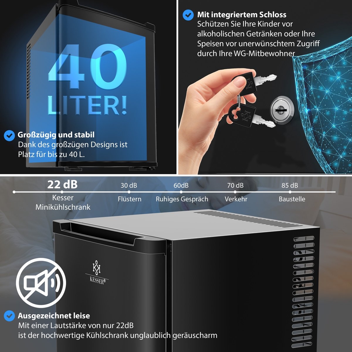 Mini koelkast - tafelmodel 40L - hoogte 57 cm - vrijstaand, stil en afsluitbaar - LED-verlichting incl. 4 legplanken - zwart - Afbeelding 11