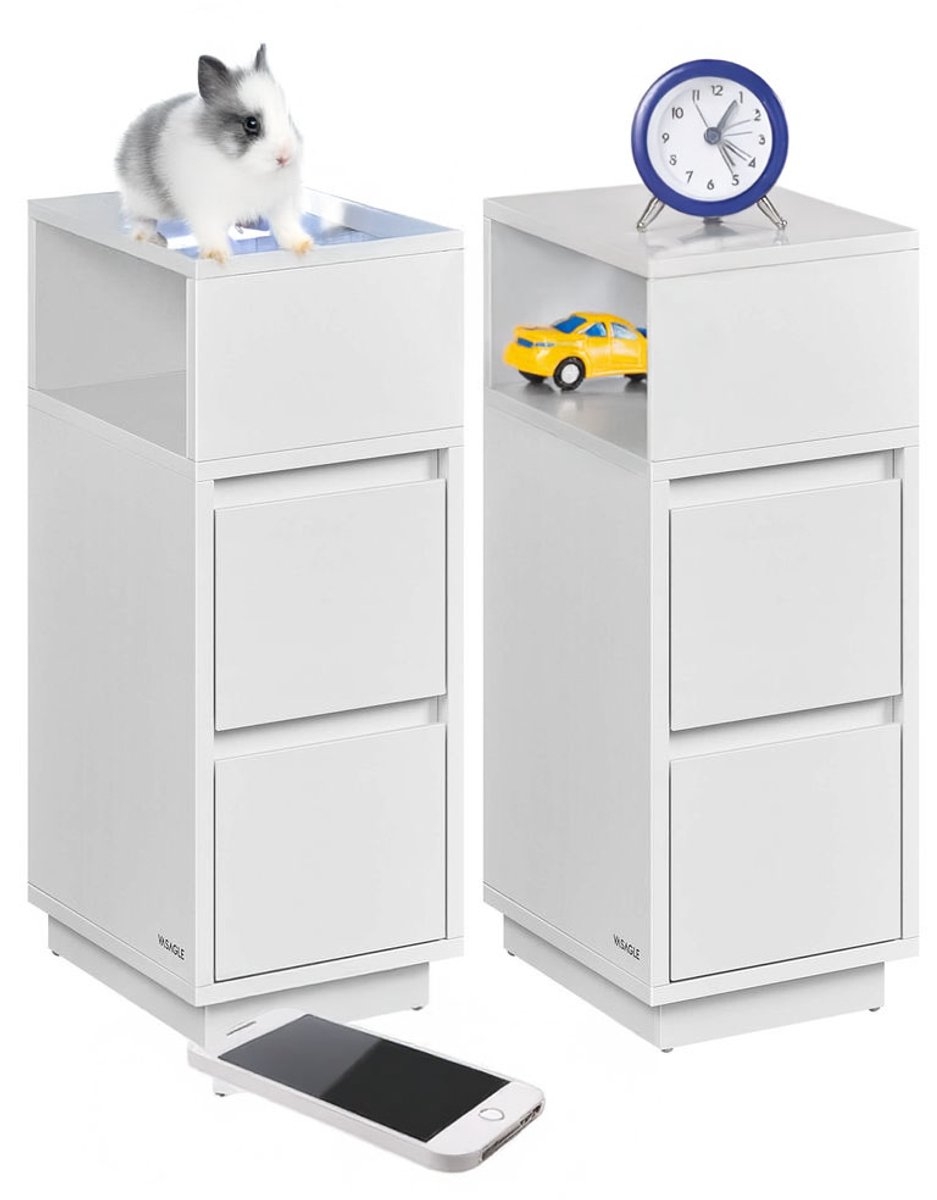 2x Nachtkastje - smal nachtkastje met 2 lades en open compartiment - flexibele linker- of rechterbevestiging voor slaapkamer - wolkenwit - LET856W01 - set van 2 stuks