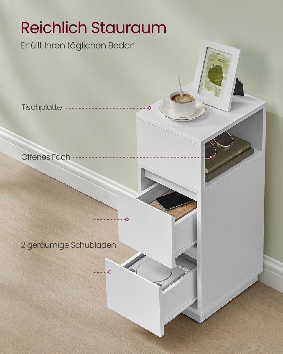 2x Nachtkastje - smal nachtkastje met 2 lades en open compartiment - flexibele linker- of rechterbevestiging voor slaapkamer - wolkenwit - LET856W01 - set van 2 stuks - Afbeelding 2