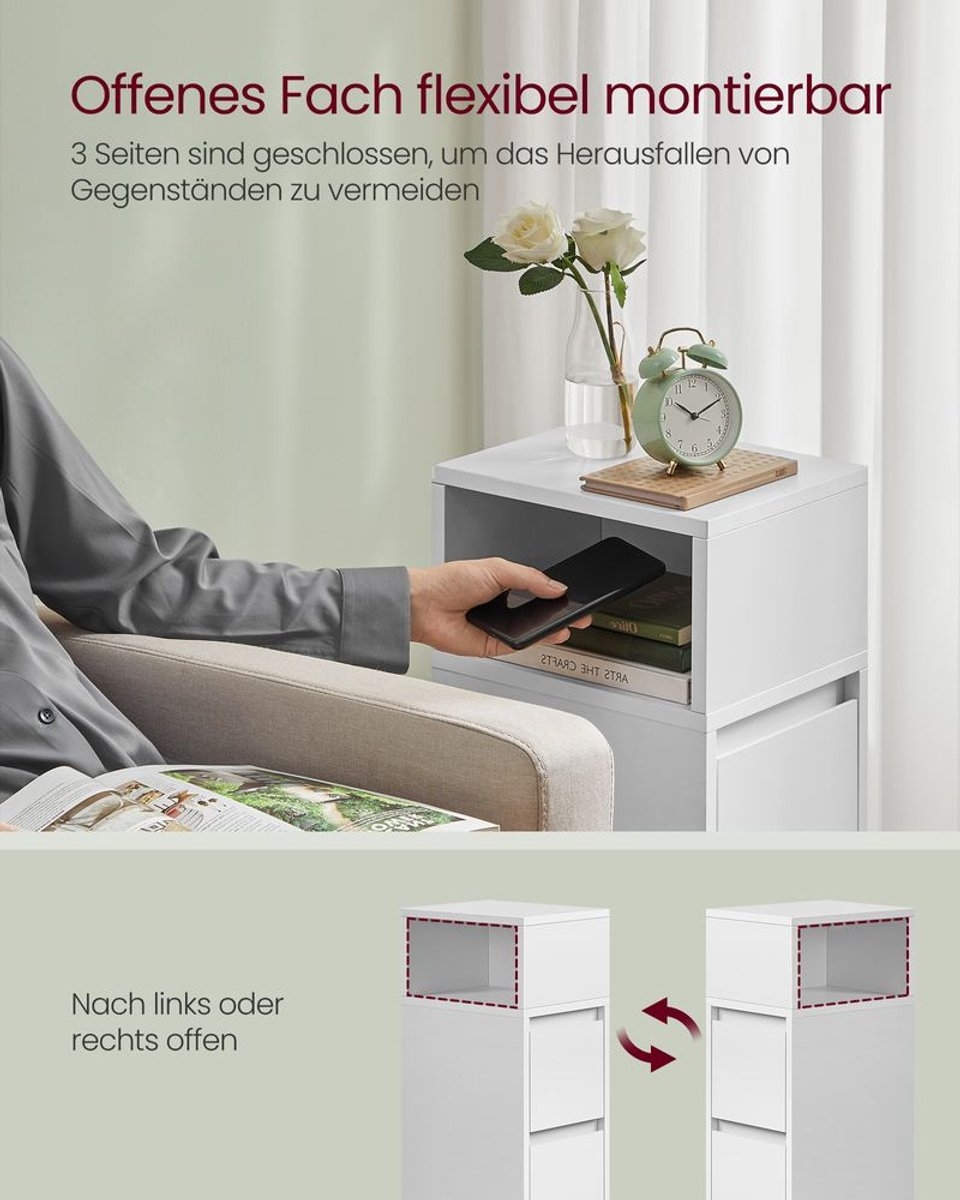 2x Nachtkastje - smal nachtkastje met 2 lades en open compartiment - flexibele linker- of rechterbevestiging voor slaapkamer - wolkenwit - LET856W01 - set van 2 stuks - Afbeelding 3