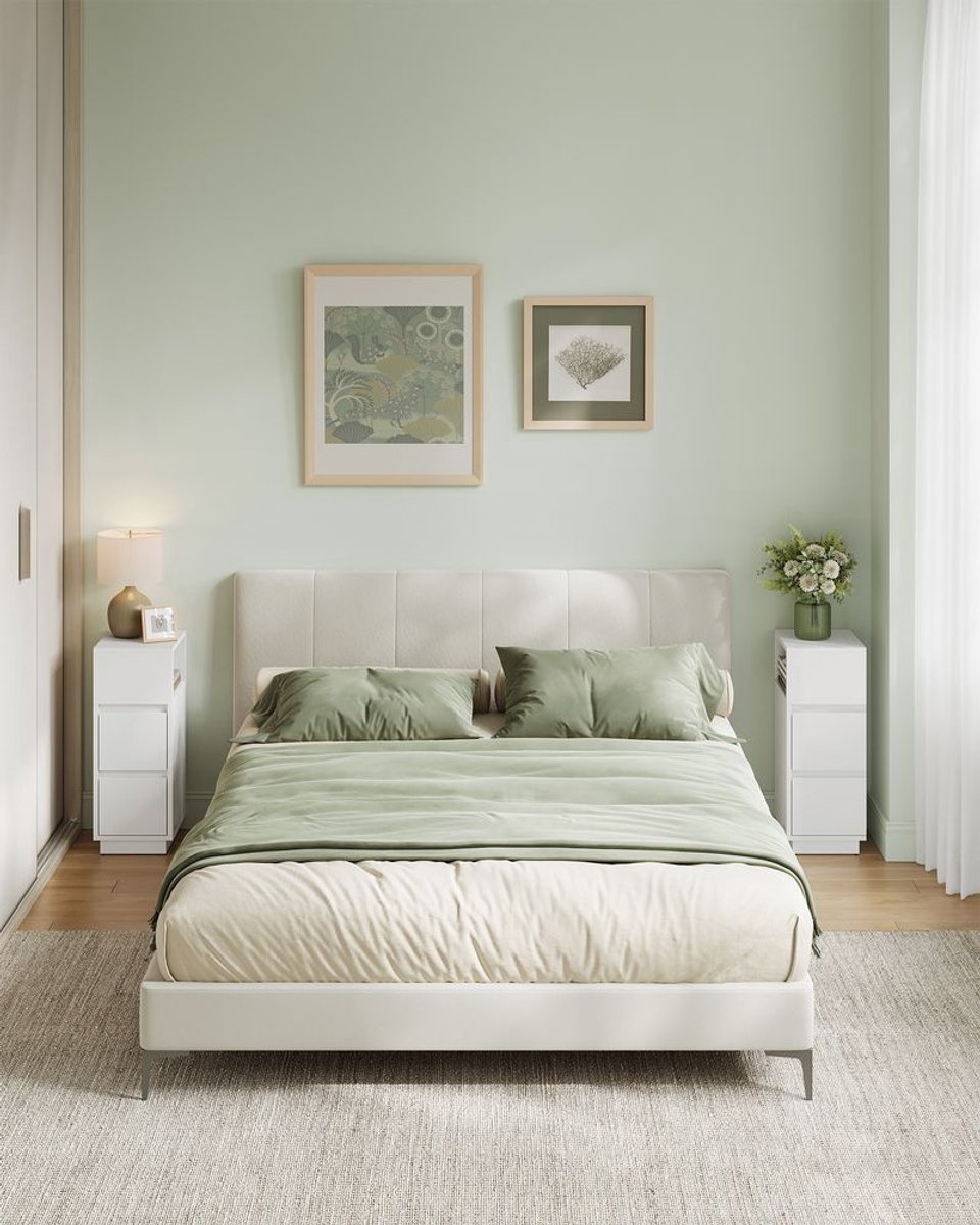 2x Nachtkastje - smal nachtkastje met 2 lades en open compartiment - flexibele linker- of rechterbevestiging voor slaapkamer - wolkenwit - LET856W01 - set van 2 stuks - Afbeelding 6