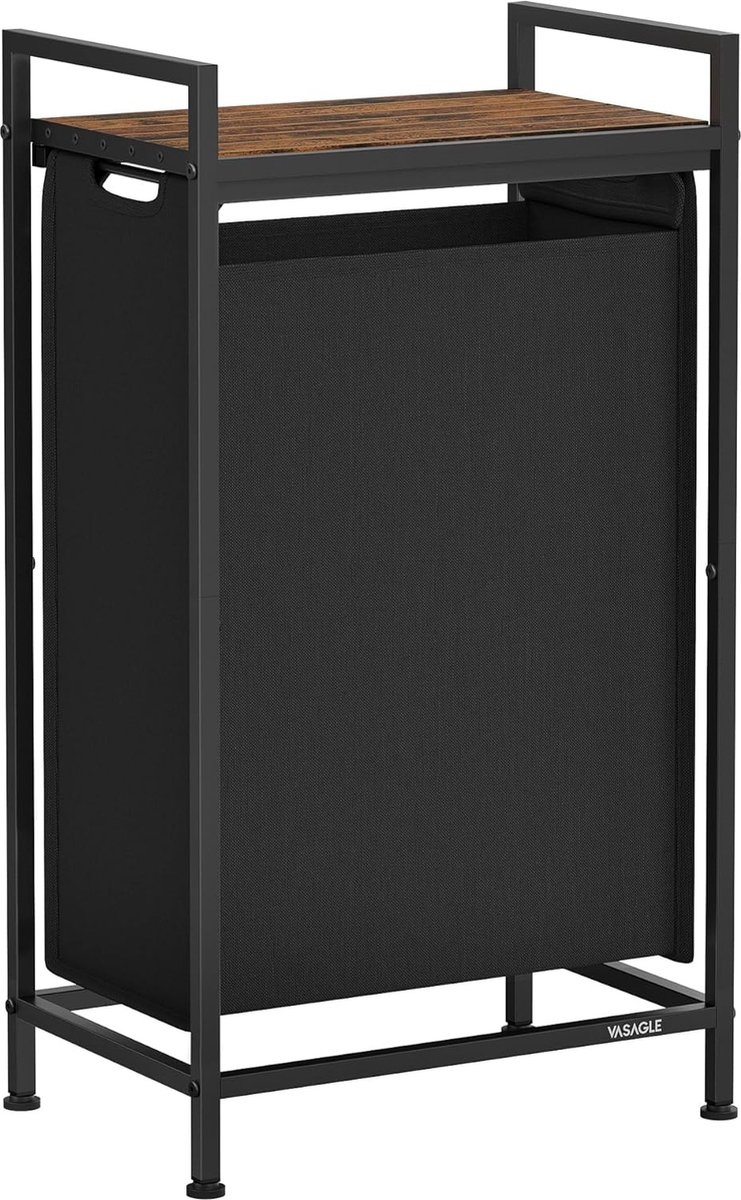 Wasmand 47 liter - 42x28x75 cm - uittrekbare en verwijderbare waszak - wassorteerder - met legplank en metalen frame, - inktzwart en rustiek bruin - BLH001B01