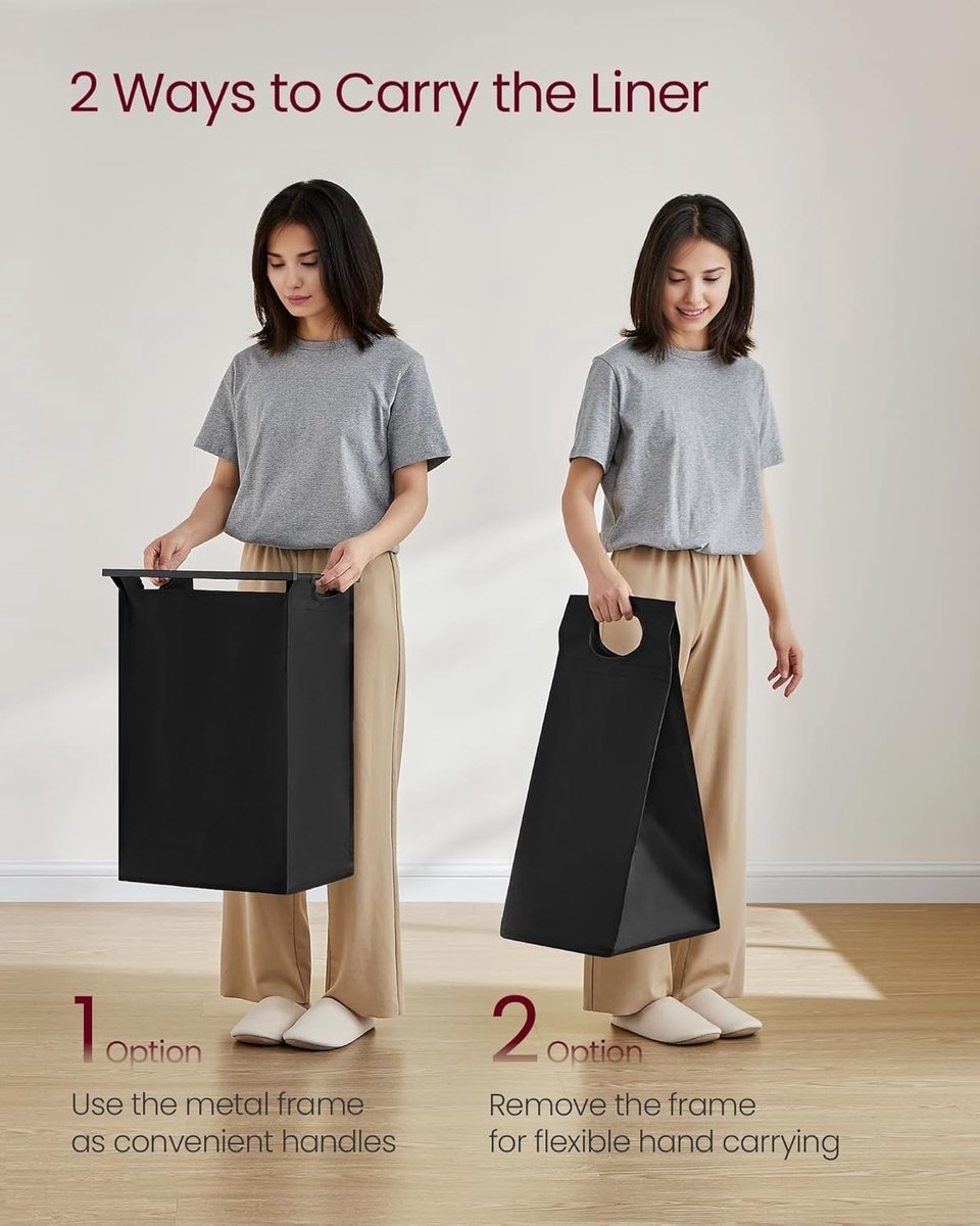 Wasmand 47 liter - 42x28x75 cm - uittrekbare en verwijderbare waszak - wassorteerder - met legplank en metalen frame, - inktzwart en rustiek bruin - BLH001B01 - Afbeelding 3