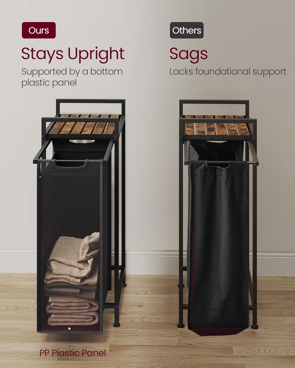 Wasmand 47 liter - 42x28x75 cm - uittrekbare en verwijderbare waszak - wassorteerder - met legplank en metalen frame, - inktzwart en rustiek bruin - BLH001B01 - Afbeelding 5