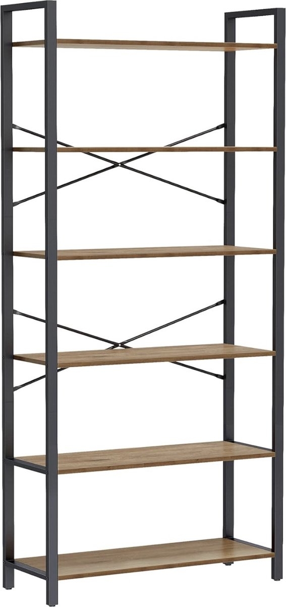 Vasagle - boekenkast - kast - hoogte 186 cm - 6 niveaus - stalen frame met planken - walnoot / zwart - LLS082B48