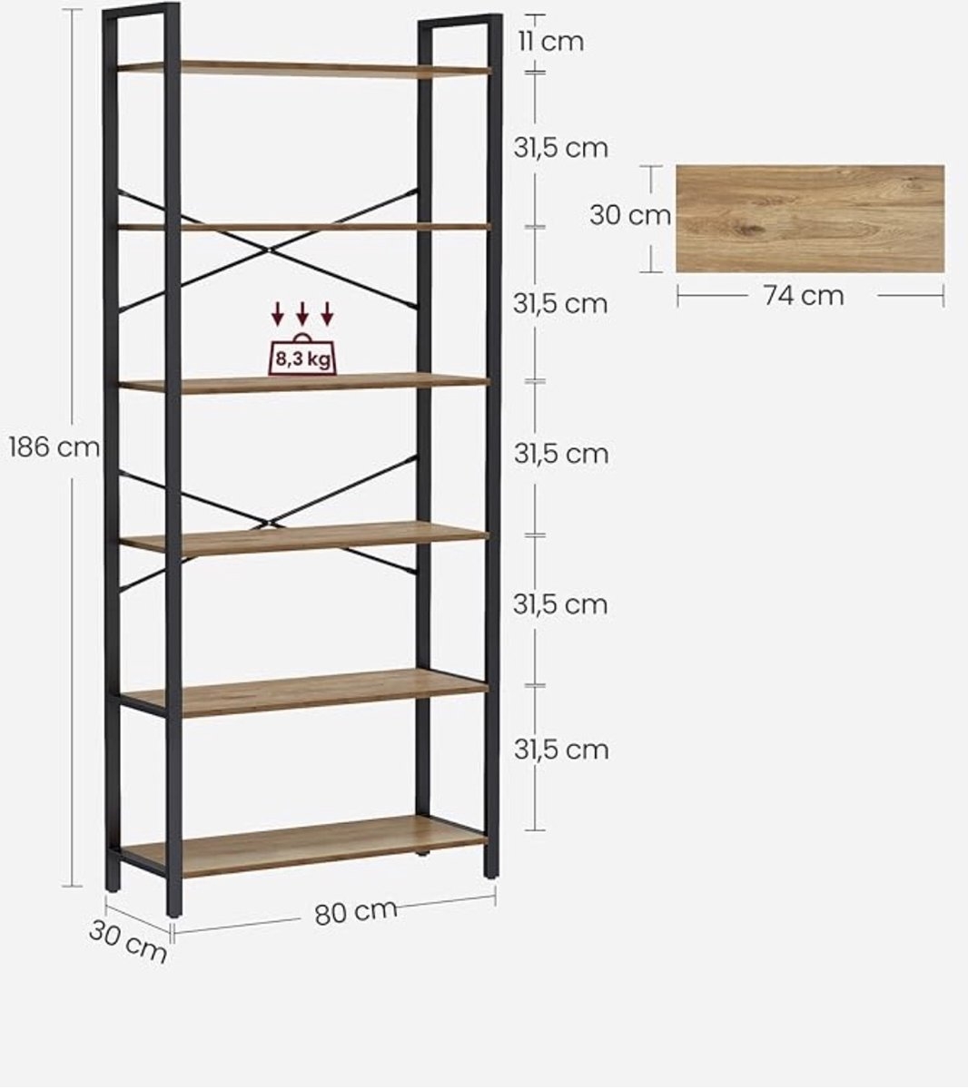 Vasagle - boekenkast - kast - hoogte 186 cm - 6 niveaus - stalen frame met planken - walnoot / zwart - LLS082B48 - Afbeelding 2