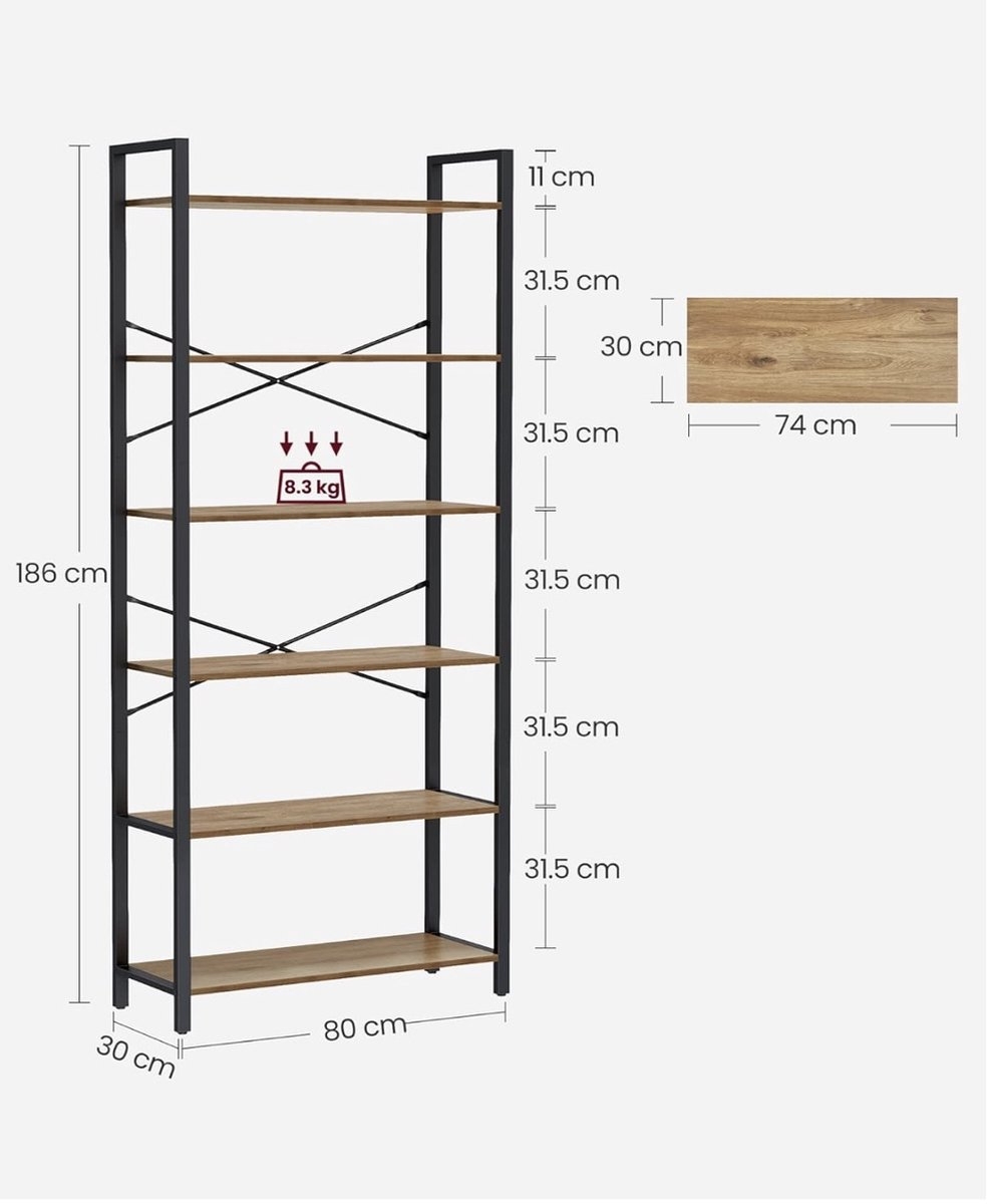 Vasagle - boekenkast - kast - hoogte 186 cm - 6 niveaus - stalen frame met planken - walnoot / zwart - LLS082B48 - Afbeelding 5