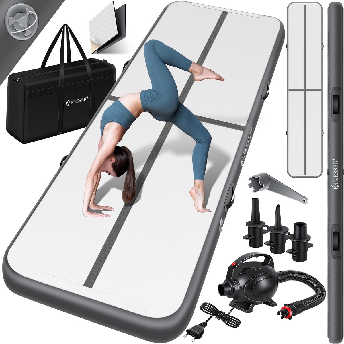 Gymnastiekmat - opblaasbare airtrack - fitnessmat - 5 meter - met draagtas en elektrische pomp - antraciet