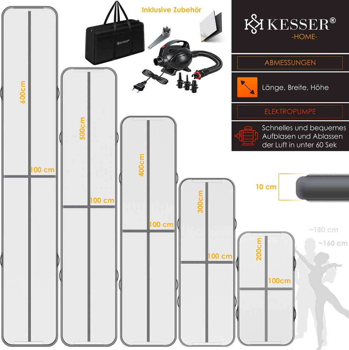 Gymnastiekmat - opblaasbare airtrack - fitnessmat - 5 meter - met draagtas en elektrische pomp - antraciet - Afbeelding 2