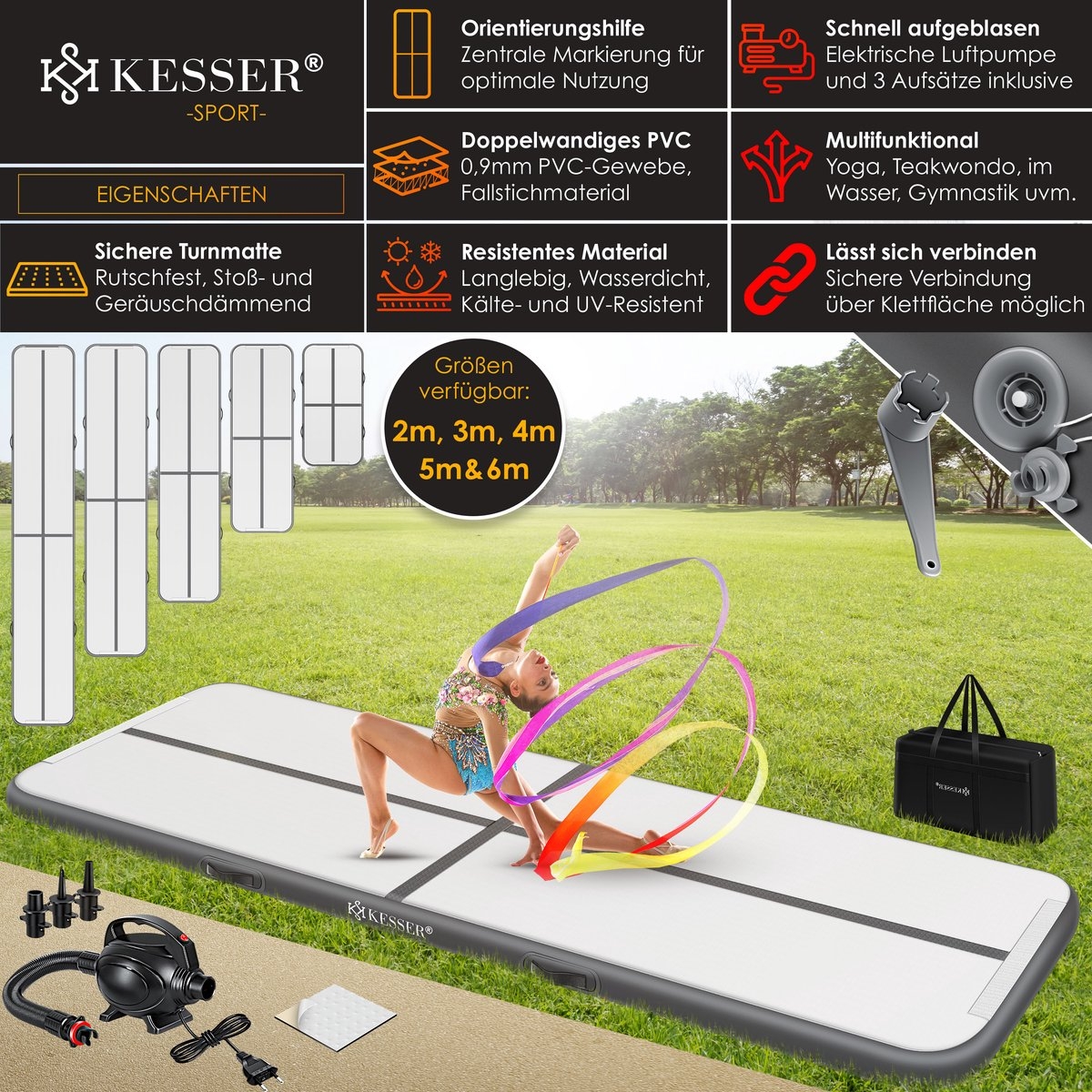 Gymnastiekmat - opblaasbare airtrack - fitnessmat - 5 meter - met draagtas en elektrische pomp - antraciet - Afbeelding 3