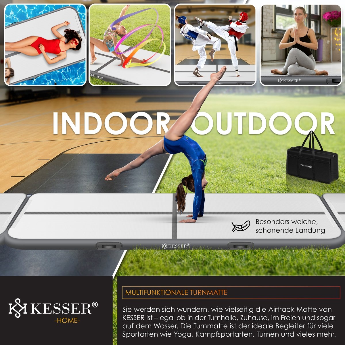 Gymnastiekmat - opblaasbare airtrack - fitnessmat - 5 meter - met draagtas en elektrische pomp - antraciet - Afbeelding 6