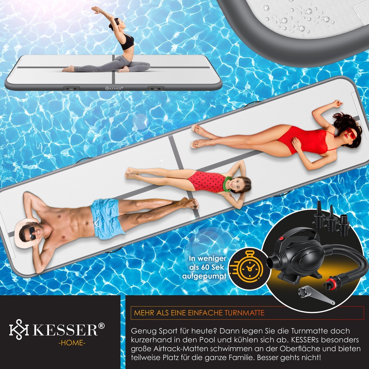 Gymnastiekmat - opblaasbare airtrack - fitnessmat - 5 meter - met draagtas en elektrische pomp - antraciet - Afbeelding 7