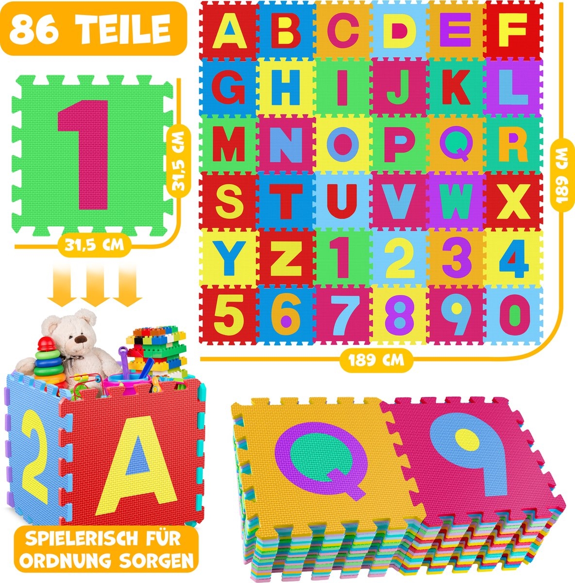 86-Delige puzzelmat / speelmat - speeltapijt - leermat met letters en cijfers - voor baby, peuter en kind - gekleurd - Afbeelding 6