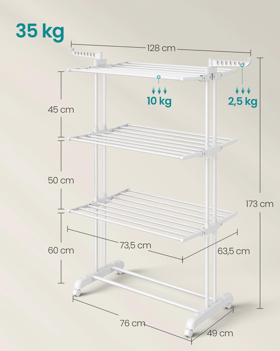 Droogrek, staand droogrek met 4 niveaus - hoogte 173 cm - met wieltjes - LLR701W03 - Afbeelding 4