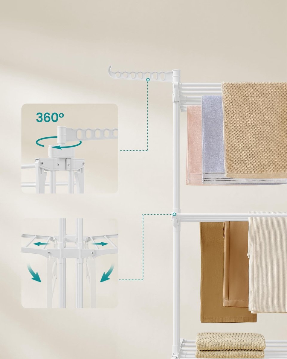 Droogrek, staand droogrek met 4 niveaus - hoogte 173 cm - met wieltjes - LLR701W03 - Afbeelding 5