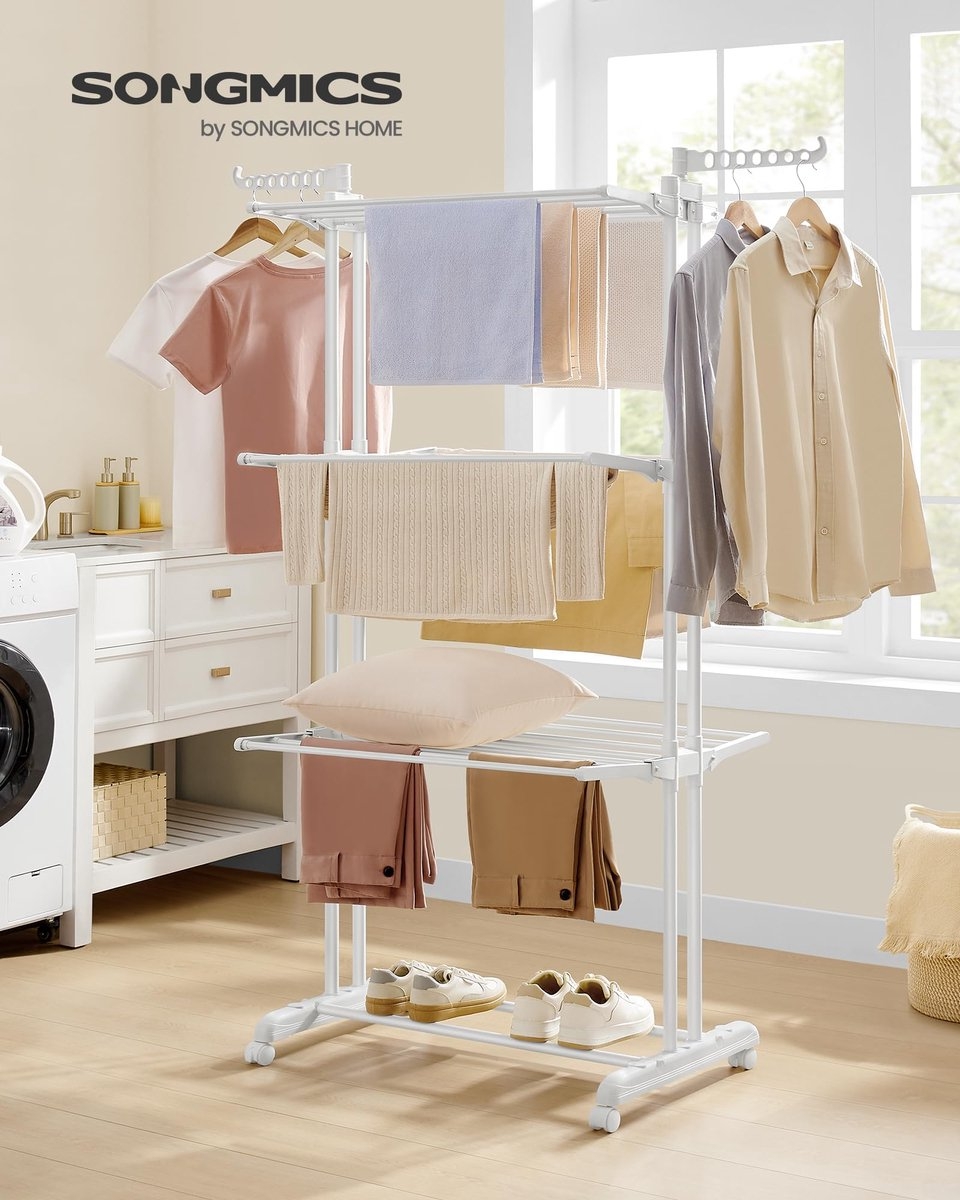 Droogrek, staand droogrek met 4 niveaus - hoogte 173 cm - met wieltjes - LLR701W03 - Afbeelding 6