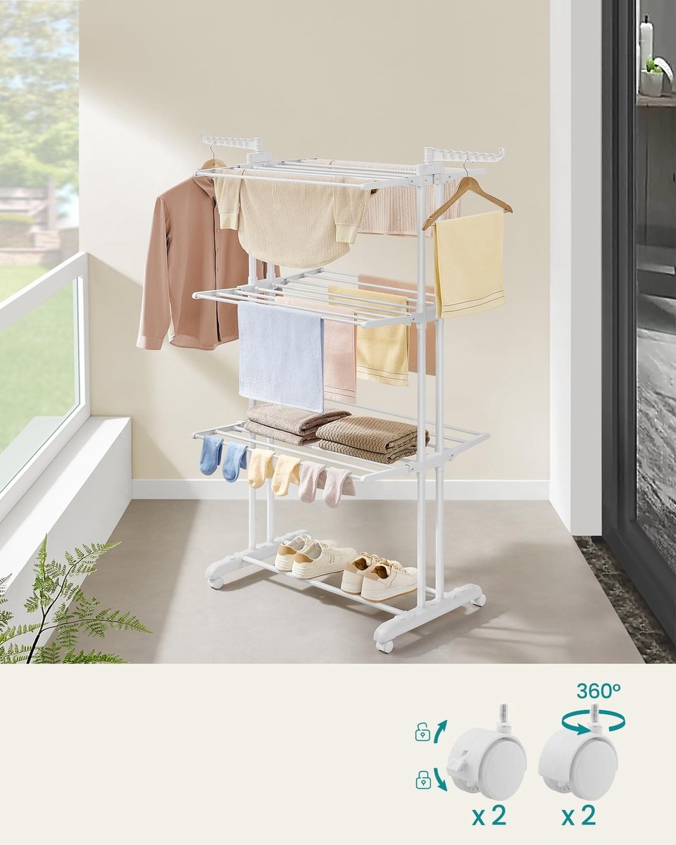 Droogrek, staand droogrek met 4 niveaus - hoogte 173 cm - met wieltjes - LLR701W03 - Afbeelding 7