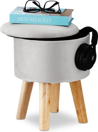 Krukje met opbergruimte hoogte 36 cm - diameter 30 cm - voetenbank - zitkruk kaptafel - poef op poten - rond - grijs