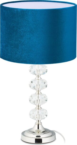 Relaxdays tafellamp fluweel - E14 fitting - nachtkastlamp kristal - schemerlamp met kap - blauw met transparant - 47 cm hoog