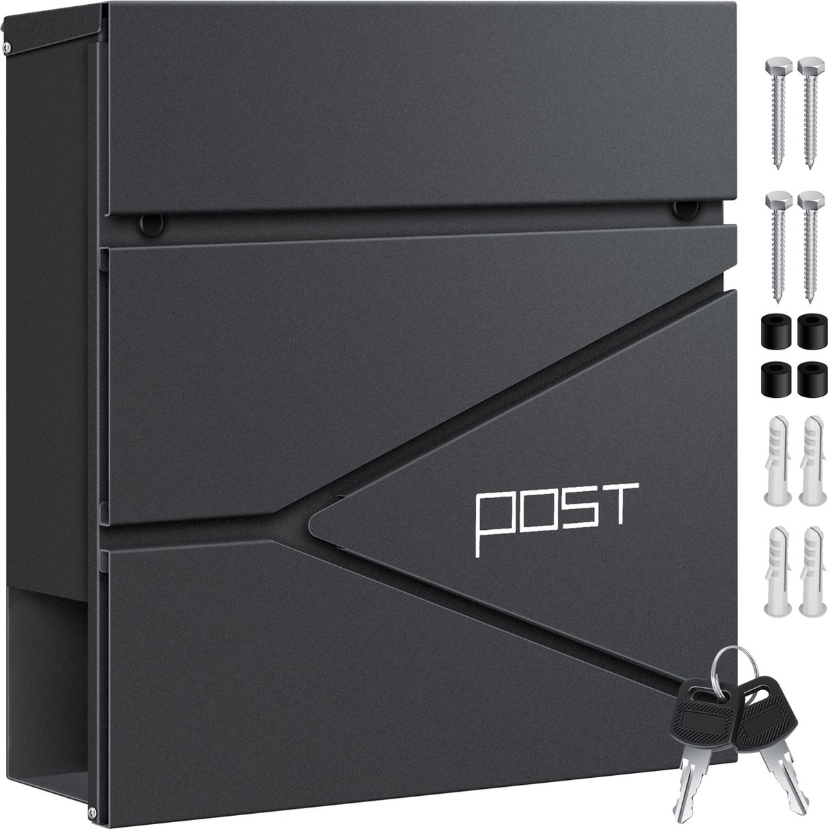 Brievenbus met krantenvak - wandmontage - RVS - inclusief montagemateriaal - sleutels - softclose-deksel - antraciet