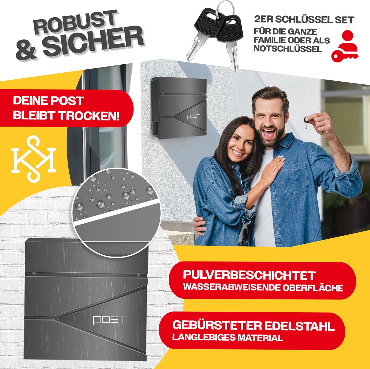 Brievenbus met krantenvak - wandmontage - RVS - inclusief montagemateriaal - sleutels - softclose-deksel - antraciet - Afbeelding 2