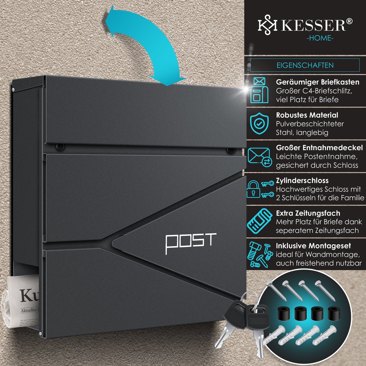 Brievenbus met krantenvak - wandmontage - RVS - inclusief montagemateriaal - sleutels - softclose-deksel - antraciet - Afbeelding 10