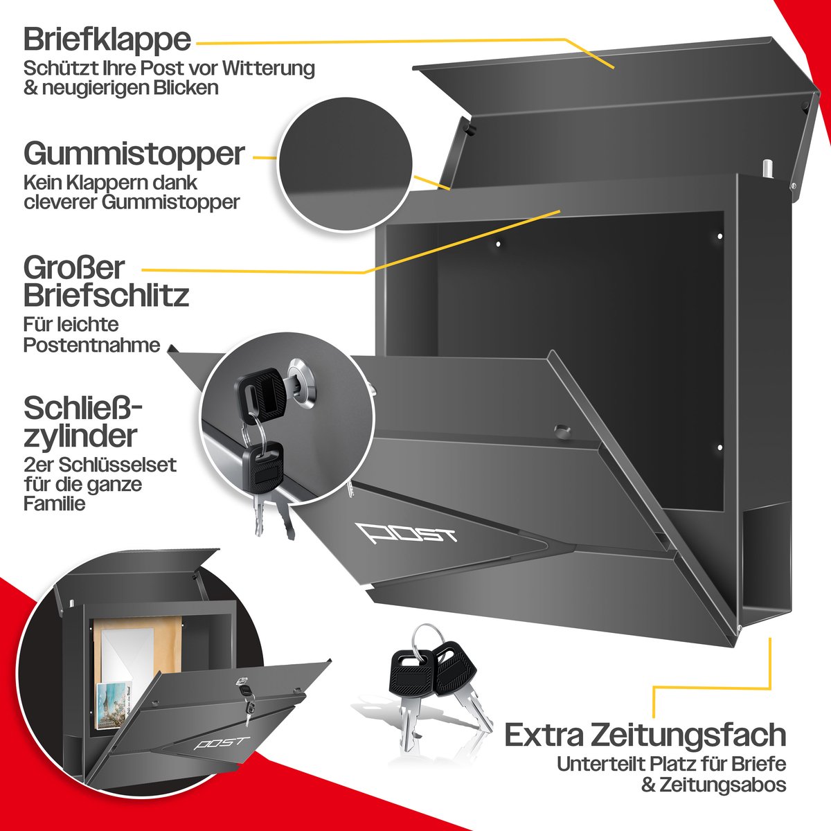 Brievenbus met krantenvak - wandmontage - RVS - inclusief montagemateriaal - sleutels - softclose-deksel - antraciet - Afbeelding 11