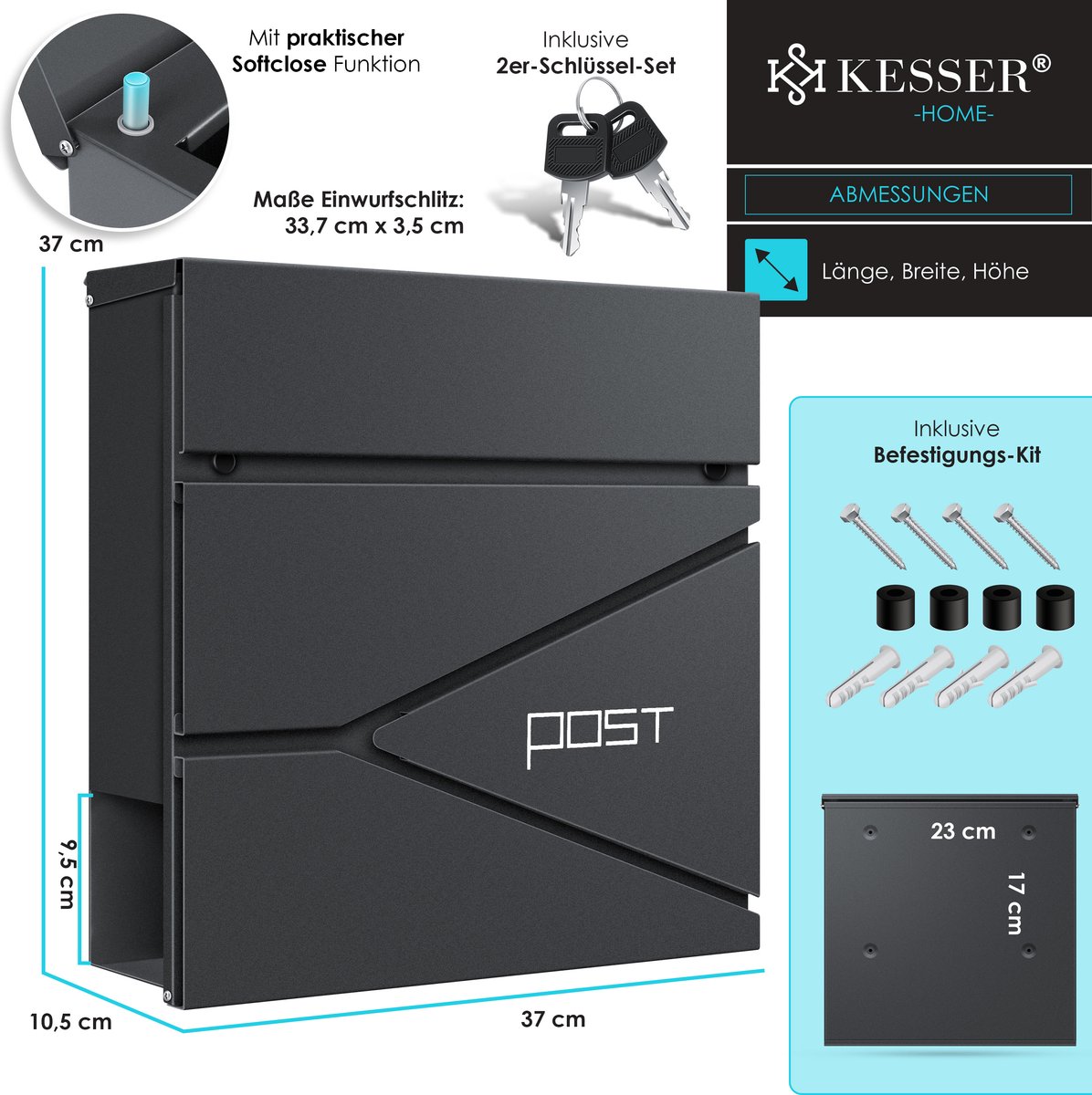 Brievenbus met krantenvak - wandmontage - RVS - inclusief montagemateriaal - sleutels - softclose-deksel - antraciet - Afbeelding 12