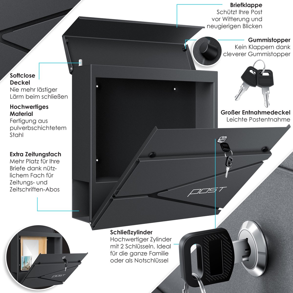 Brievenbus met krantenvak - wandmontage - RVS - inclusief montagemateriaal - sleutels - softclose-deksel - antraciet - Afbeelding 13