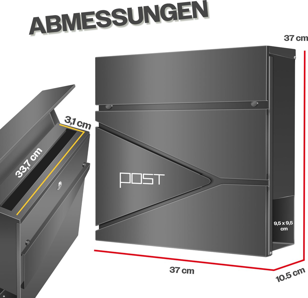 Brievenbus met krantenvak - wandmontage - RVS - inclusief montagemateriaal - sleutels - softclose-deksel - antraciet - Afbeelding 3