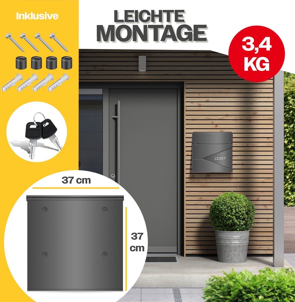 Brievenbus met krantenvak - wandmontage - RVS - inclusief montagemateriaal - sleutels - softclose-deksel - antraciet - Afbeelding 4