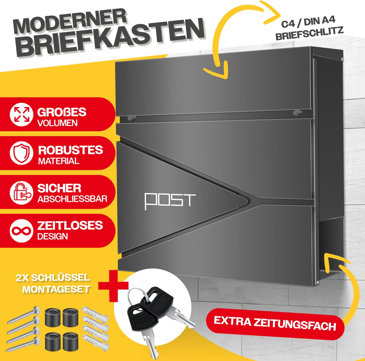 Brievenbus met krantenvak - wandmontage - RVS - inclusief montagemateriaal - sleutels - softclose-deksel - antraciet - Afbeelding 5