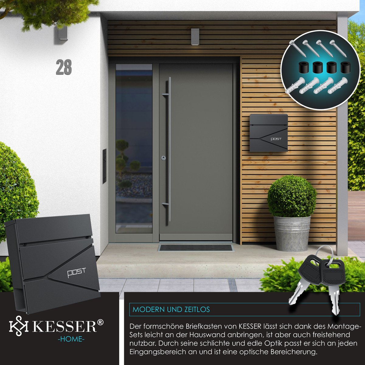 Brievenbus met krantenvak - wandmontage - RVS - inclusief montagemateriaal - sleutels - softclose-deksel - antraciet - Afbeelding 6