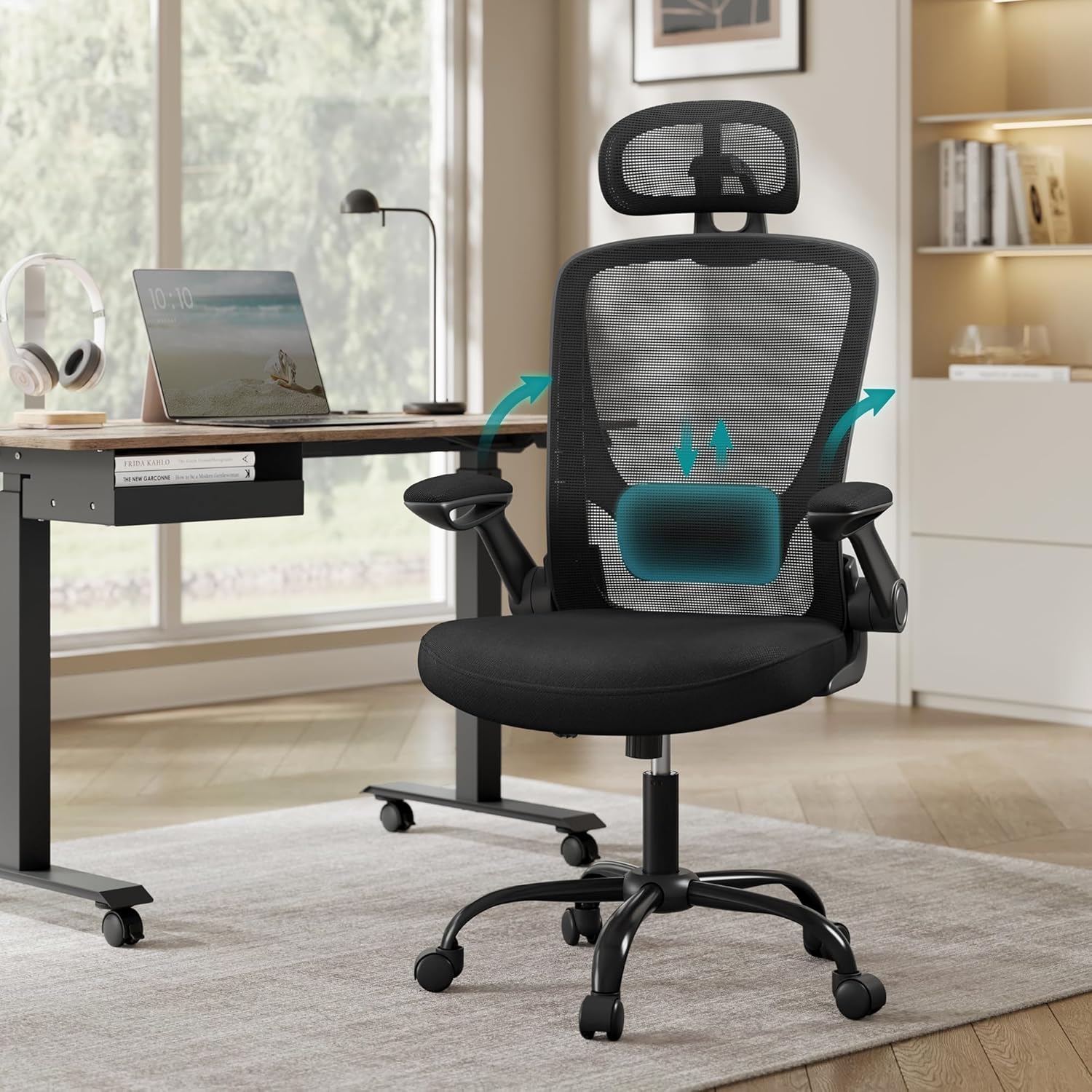 Bureaustoel - ergonomische bureaustoel - mesh - opvouwbare armsteun - zwart - OBN047B01 - Afbeelding 2