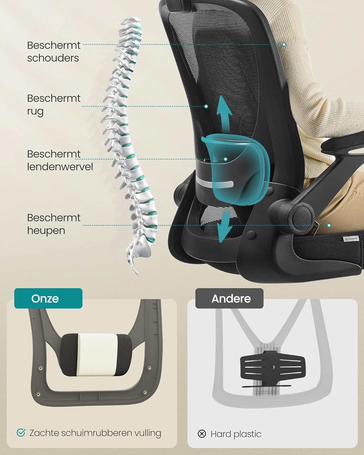 Bureaustoel - ergonomische bureaustoel - mesh - opvouwbare armsteun - zwart - OBN047B01 - Afbeelding 5