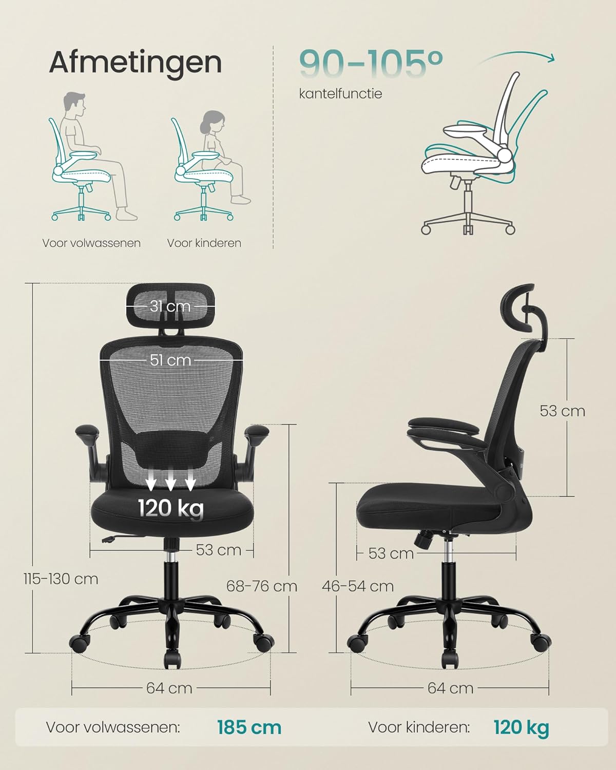Bureaustoel - ergonomische bureaustoel - mesh - opvouwbare armsteun - zwart - OBN047B01 - Afbeelding 6