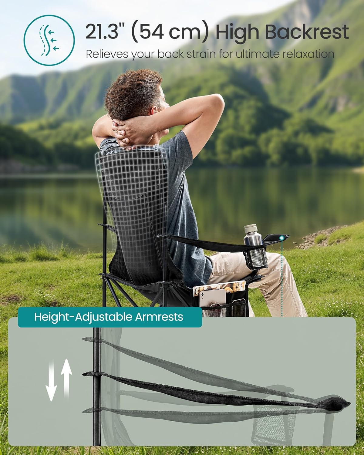 2x campingstoel - opvouwbare kamperenstoelen - hoge rugleuning en verstelbare armleuningen - max 150 kg - zwart - set van 2 stuks - GCB028B02 - Afbeelding 5