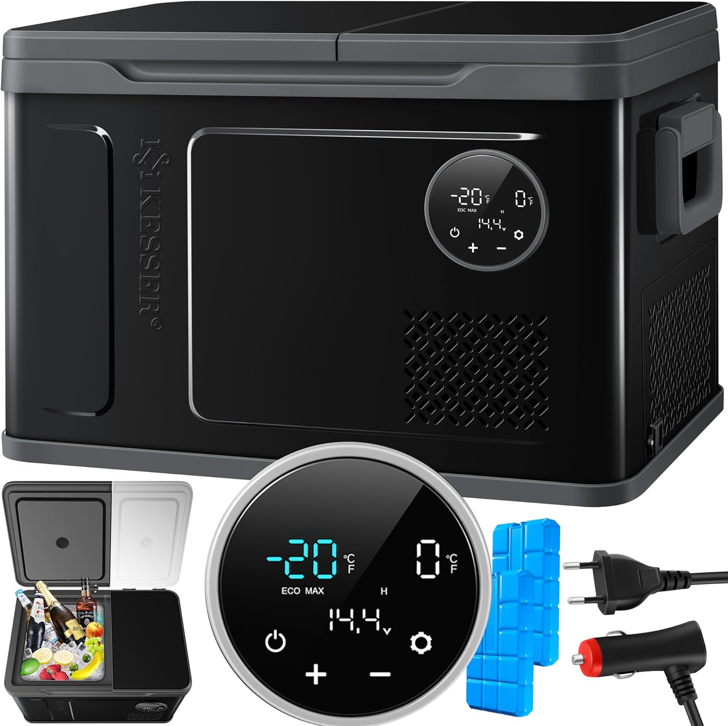 Compressor Koelbox 2in1 - 2 vakken - met LED Touch Control - 12/24 V 230V - max -20 °C - voor auto, vrachtwagen, kamperen - 40 Liter - zwart