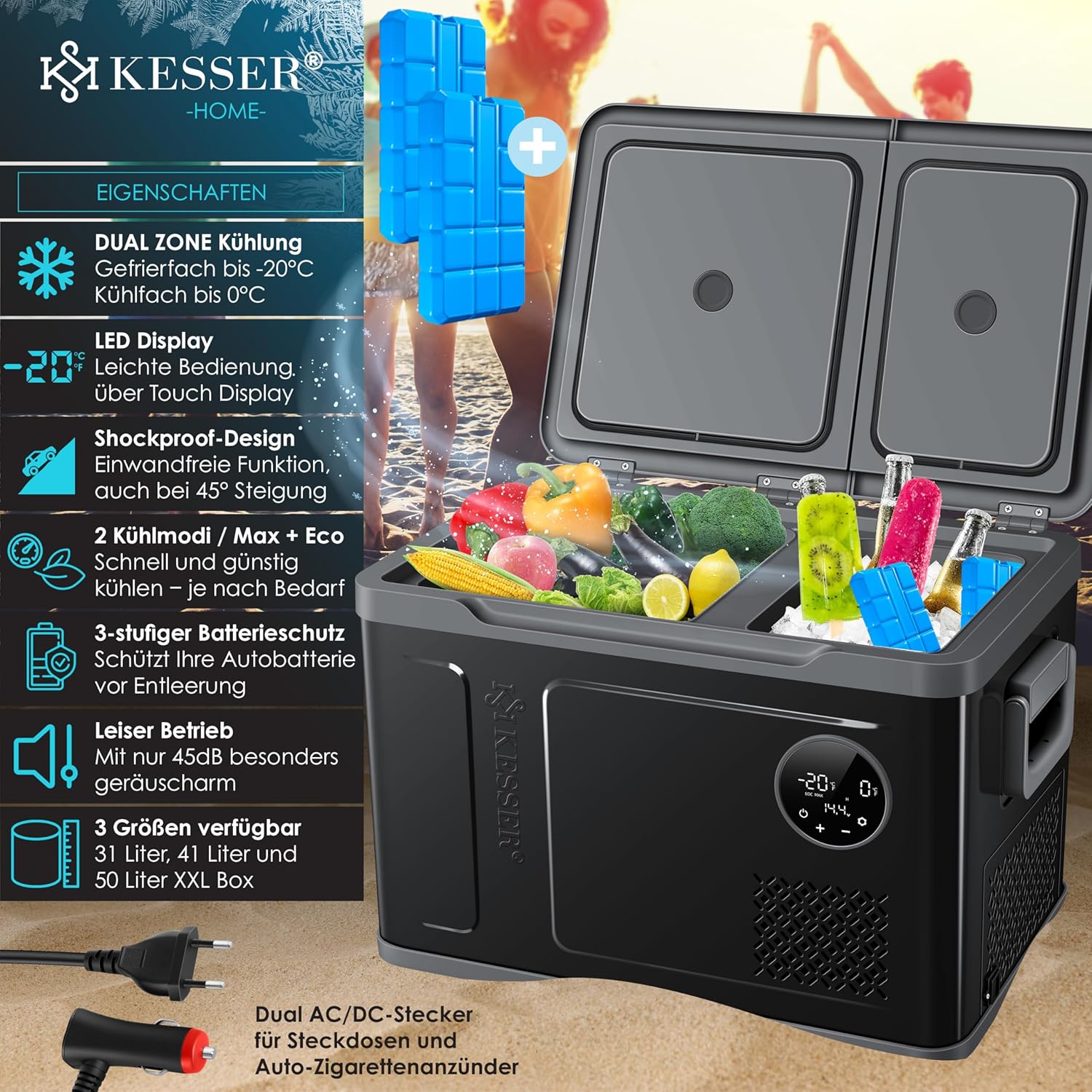 Compressor Koelbox 2in1 - 2 vakken - met LED Touch Control - 12/24 V 230V - max -20 °C - voor auto, vrachtwagen, kamperen - 40 Liter - zwart - Afbeelding 2