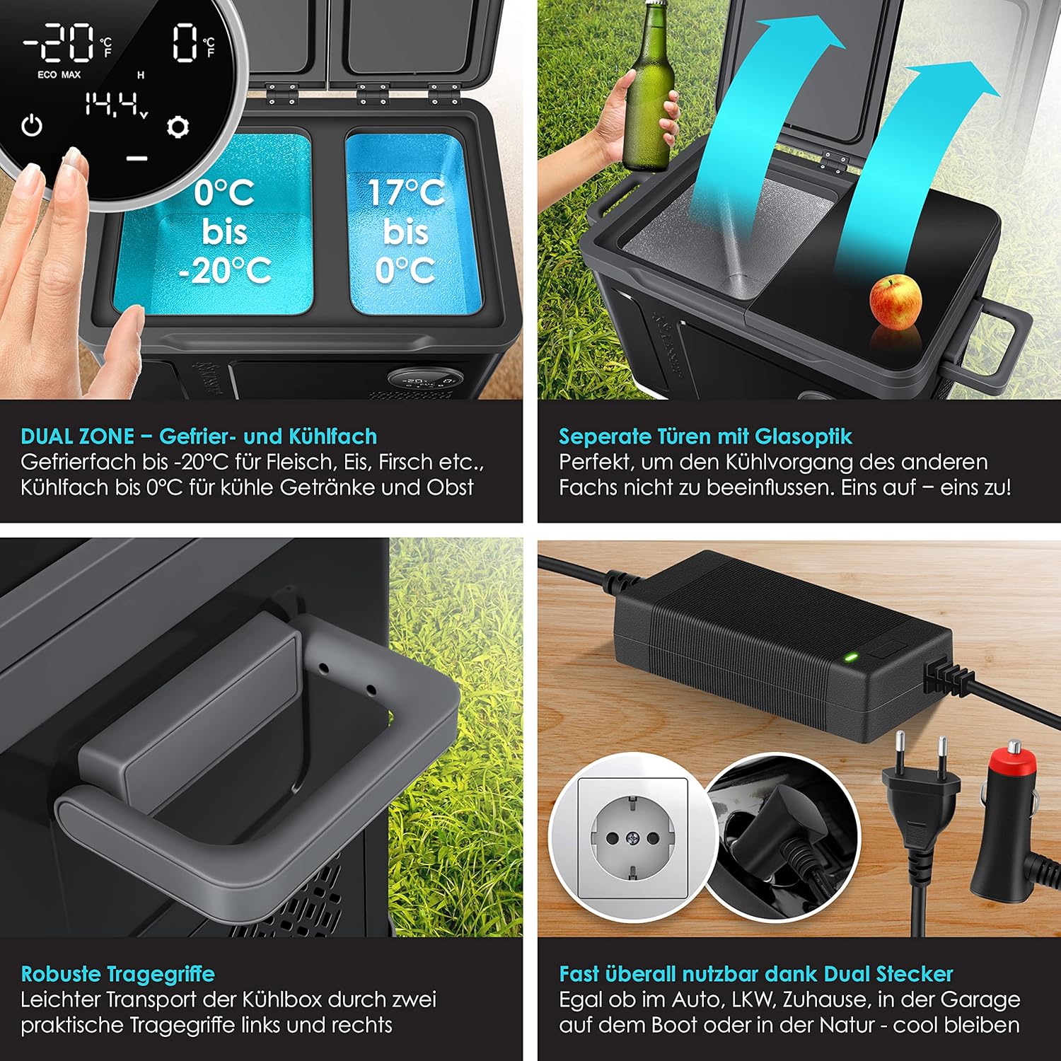 Compressor Koelbox 2in1 - 2 vakken - met LED Touch Control - 12/24 V 230V - max -20 °C - voor auto, vrachtwagen, kamperen - 40 Liter - zwart - Afbeelding 3