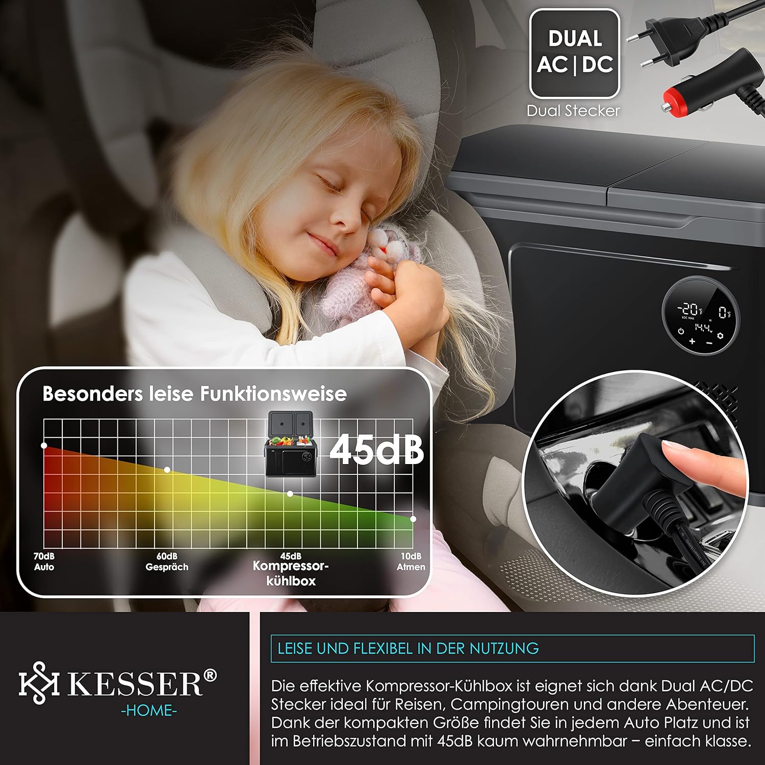 Compressor Koelbox 2in1 - 2 vakken - met LED Touch Control - 12/24 V 230V - max -20 °C - voor auto, vrachtwagen, kamperen - 40 Liter - zwart - Afbeelding 5