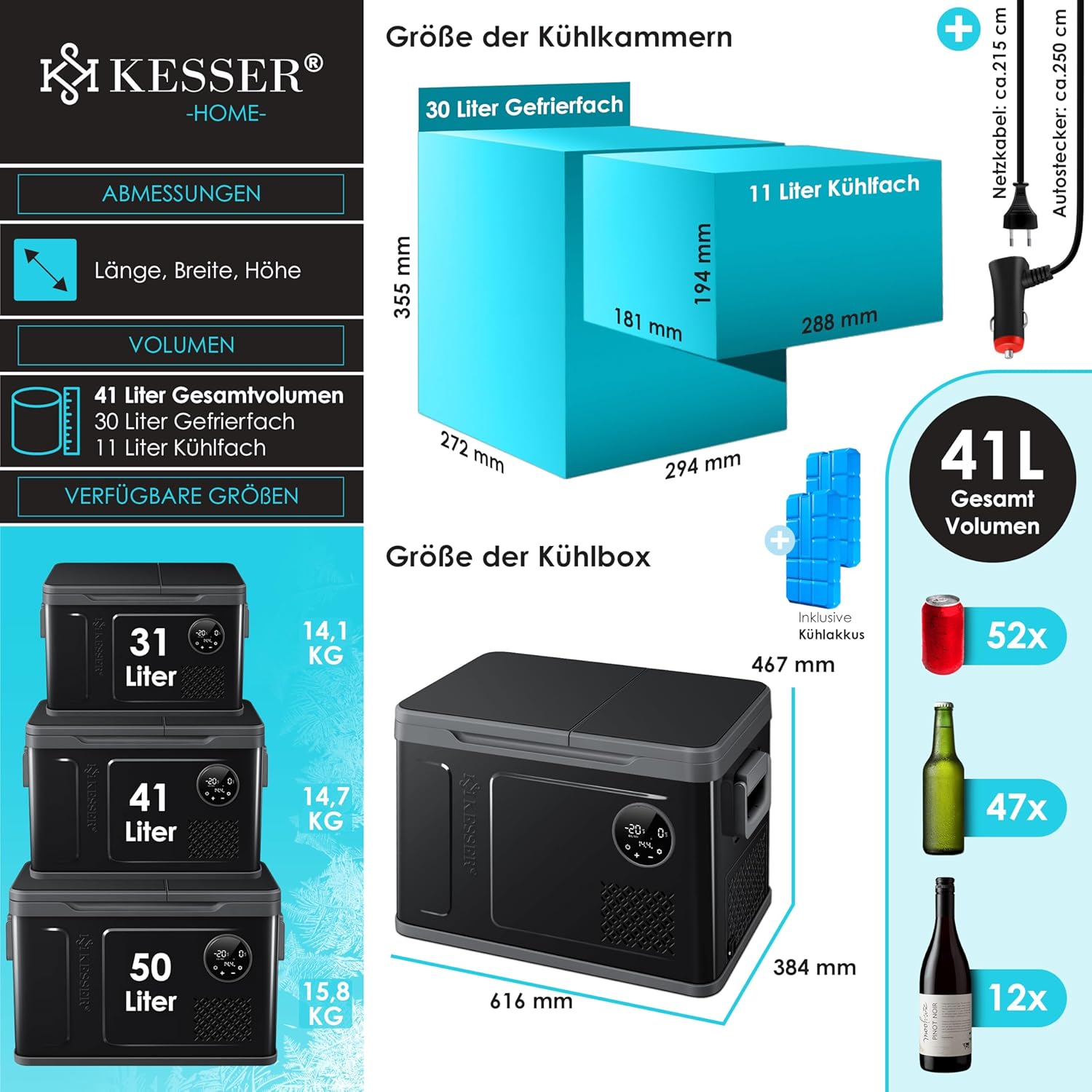 Compressor Koelbox 2in1 - 2 vakken - met LED Touch Control - 12/24 V 230V - max -20 °C - voor auto, vrachtwagen, kamperen - 40 Liter - zwart - Afbeelding 7