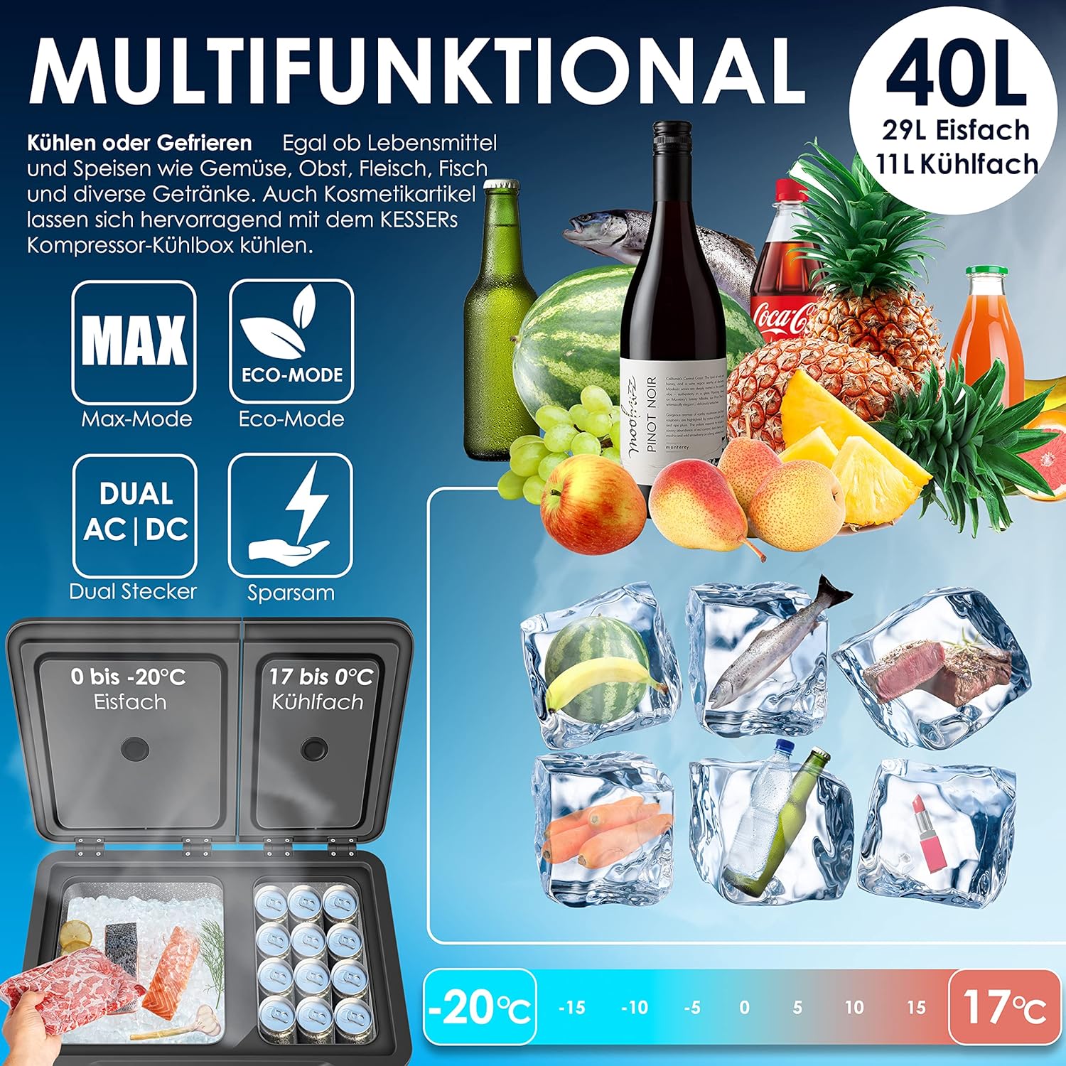 Compressor Koelbox 2in1 - 2 vakken - met LED Touch Control - 12/24 V 230V - max -20 °C - voor auto, vrachtwagen, kamperen - 40 Liter - zwart - Afbeelding 8