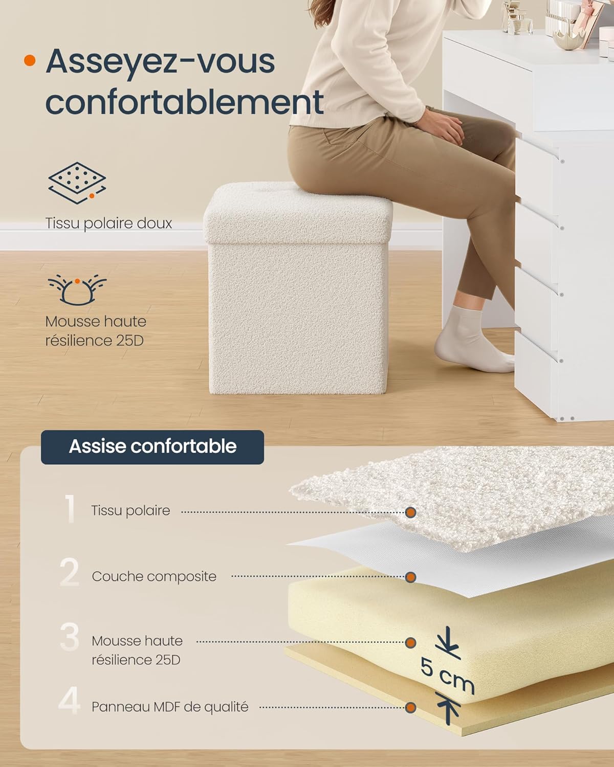 Poef - hocker - ottoman - 38 x 38 x 38 cm, opbergkruk - draagvermogen tot 300 kg - crèmewit - LSF095W01 - Afbeelding 4