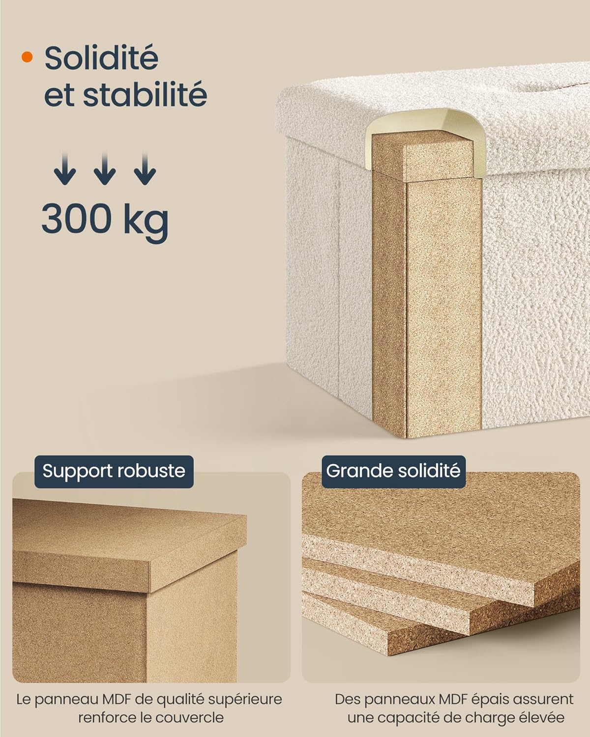 Poef - hocker - ottoman - 38 x 38 x 38 cm, opbergkruk - draagvermogen tot 300 kg - crèmewit - LSF095W01 - Afbeelding 5