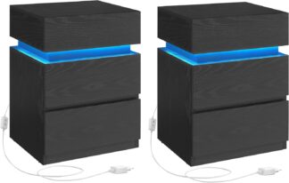 2x Nachtkastje - Bijzettafel - met LED verlichting - Verstelbare kleuren - Met 3 laden - zwart - set van 2 stuks - let0830b01