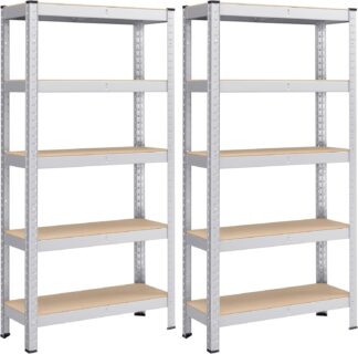 2x Opbergrek en stellingkast - hoogte 150 cm - metaal met MDF legplanken - 5 Planken - max 650 kg - set van 2 stuks - GLR032E01