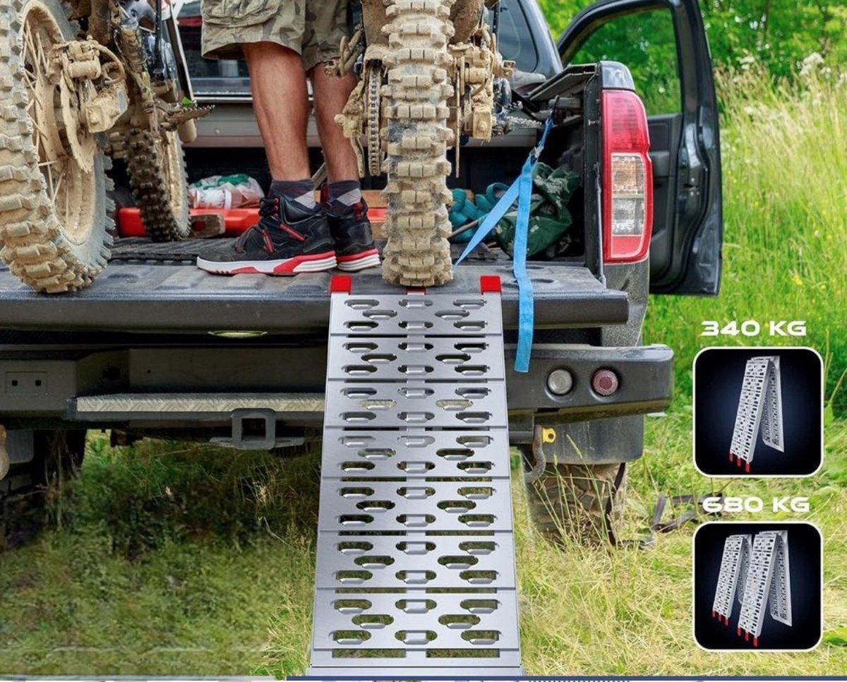 ALU oprijplaat 2 meter – inklapbare antislip - enkel of dubbel te gebruiken – 340kg/680kg draagvermogen – voor motor, quad, grasmaaier etc - zilver - Afbeelding 5