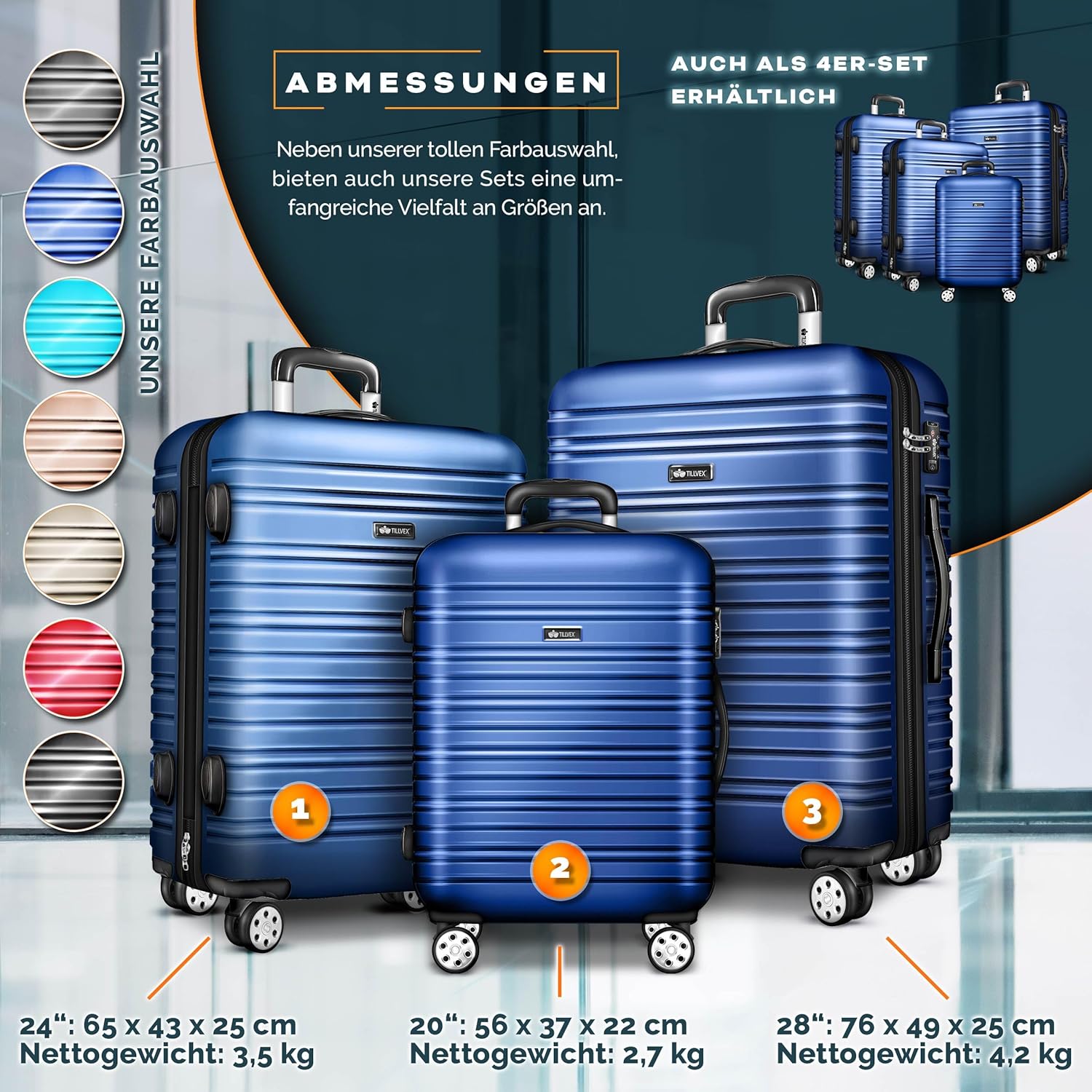 3 delige kofferset - met wielen - hardcase - 3 koffers - met slot - blauw - Afbeelding 5