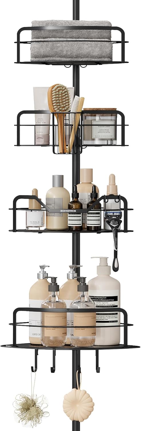 Verstelbaar doucherek hoek - met vier rekken - 80-323 cm - zonder boren - zwart - BCB003B01